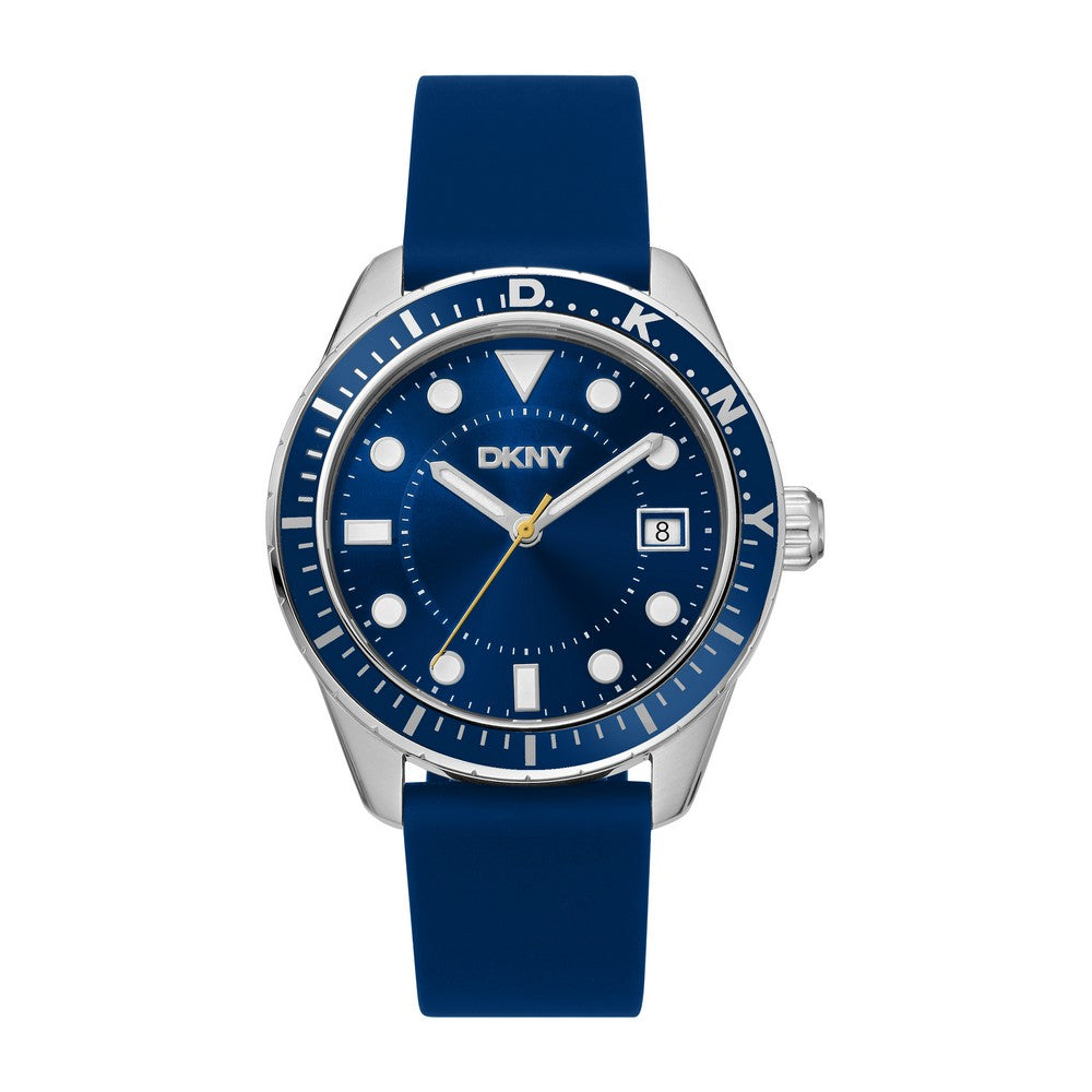 Montre DKNY pour homme, boîtier couleur argent, cadran bleu foncé, bracelet en silicone bleu, affichage 3 aiguilles et date, étanche 10 ATM