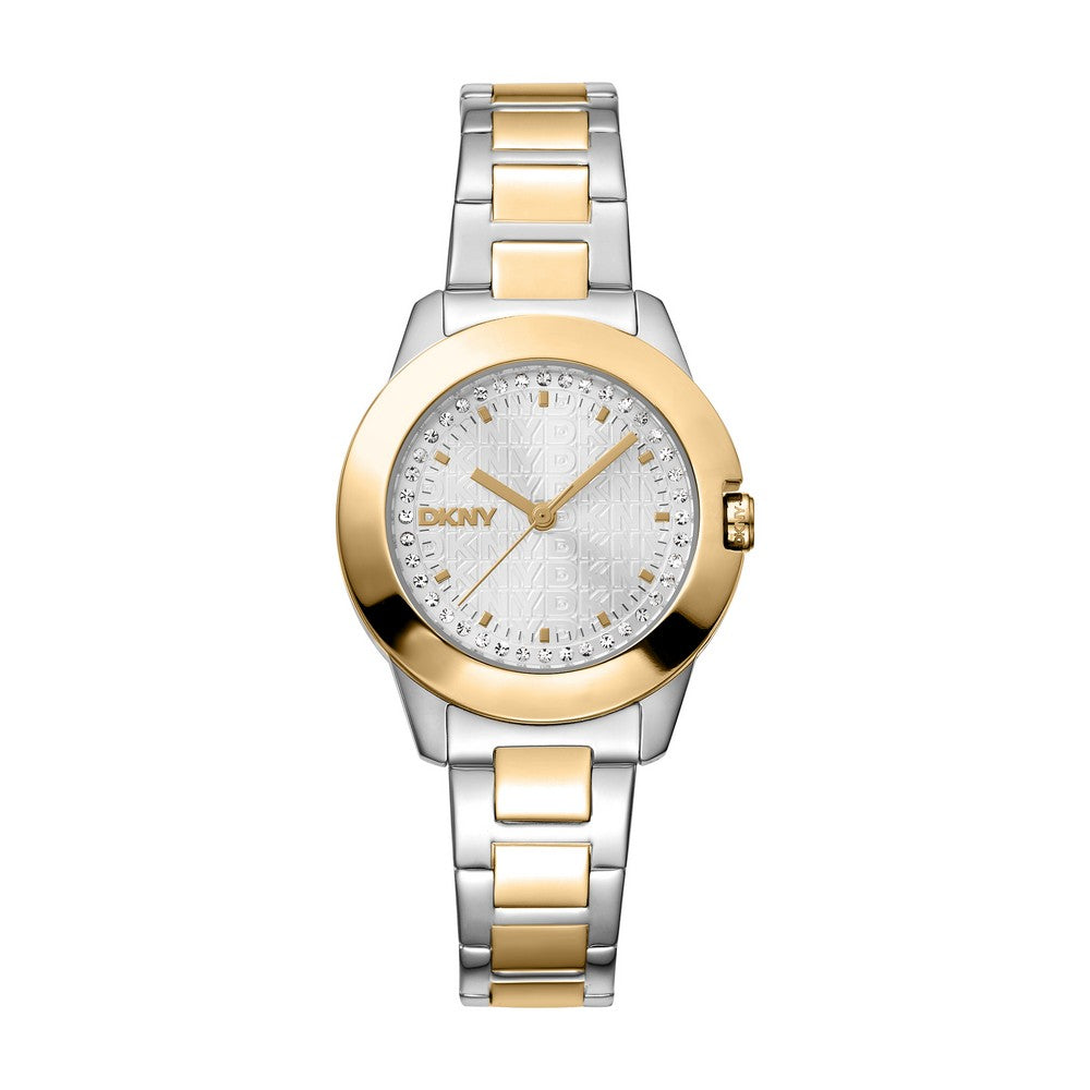 Montre DKNY Femme, boîtier bicolore argent et or, cadran argenté, bracelet en métal bicolore argent et or, 3 aiguilles, étanche 5 ATM