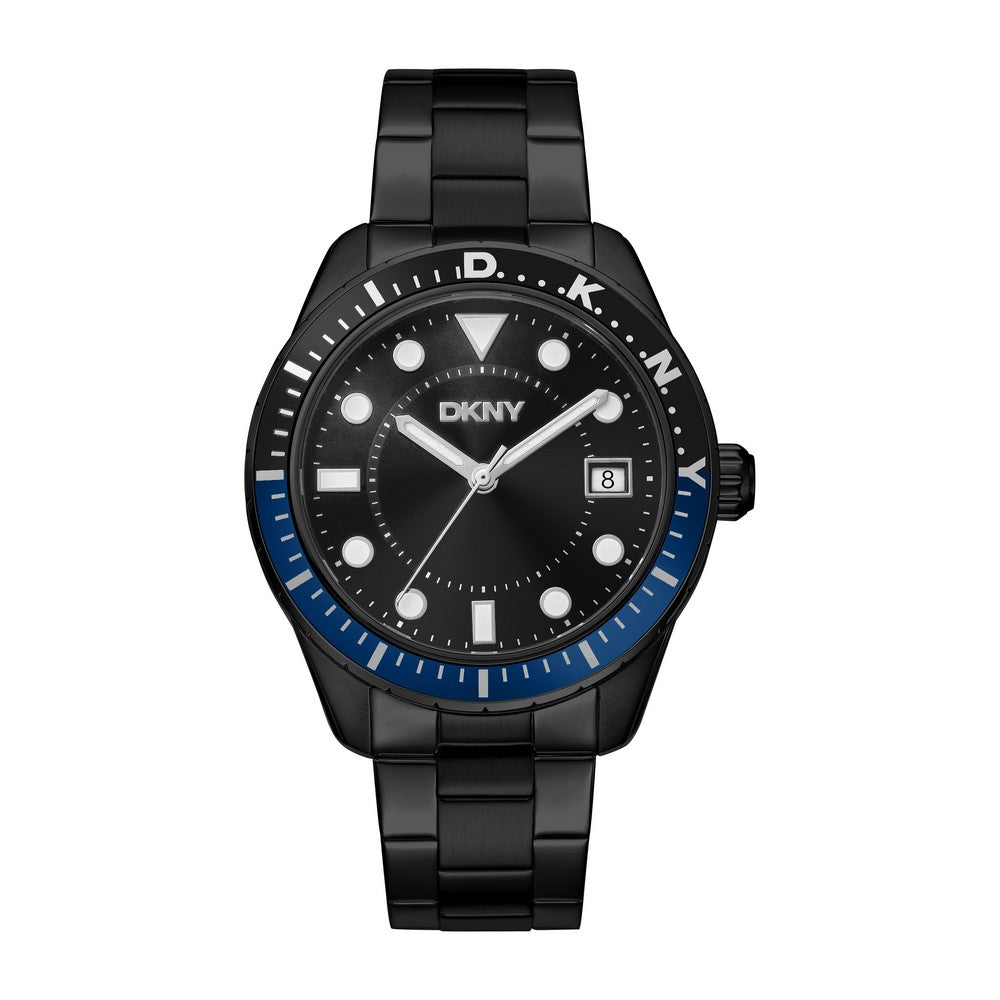 Montre homme DKNY, boîtier noir, cadran noir, bracelet en métal noir, date 3 aiguilles, 10 ATM