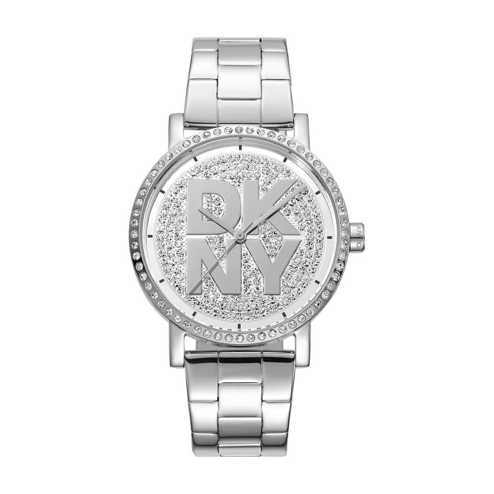 Montre DKNY femme, boîtier couleur argent, cadran argent, bracelet en métal couleur argent, 3 aiguilles, 5 ATM