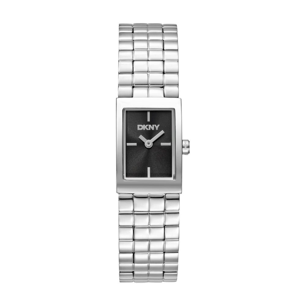 Montre femme DKNY, boîtier couleur argent, cadran noir, bracelet en métal acier inoxydable, 2 aiguilles, étanche 3 ATM