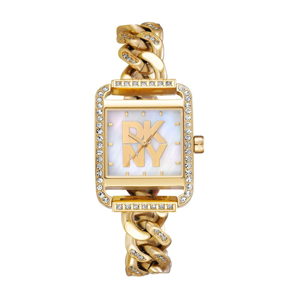 DKNY Women Watch, Gold Color Case, White Mop Dial, Gold Color Metal Bracelet, 3 Hands, 3 Atm