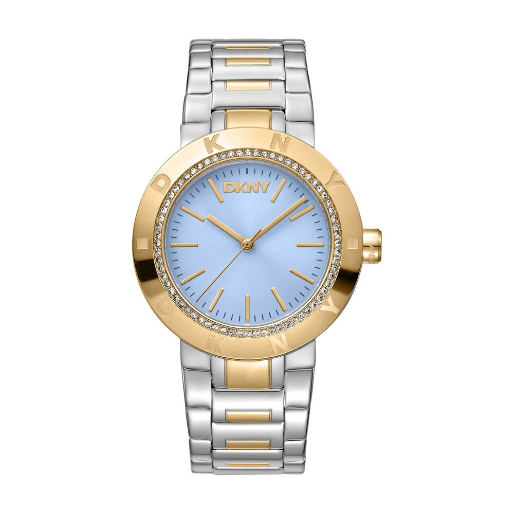 Montre femme DKNY, boîtier bicolore argenté et doré, cadran bleu clair, bracelet en métal bicolore argenté et doré, 3 aiguilles, 5 ATM