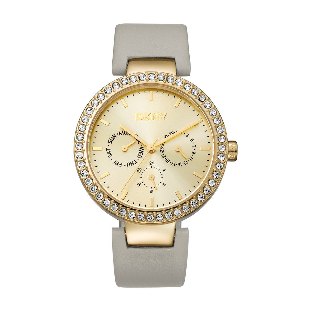 Montre femme DKNY, boîtier couleur or, cadran champagne, bracelet en cuir gris, multifonction, 5 ATM
