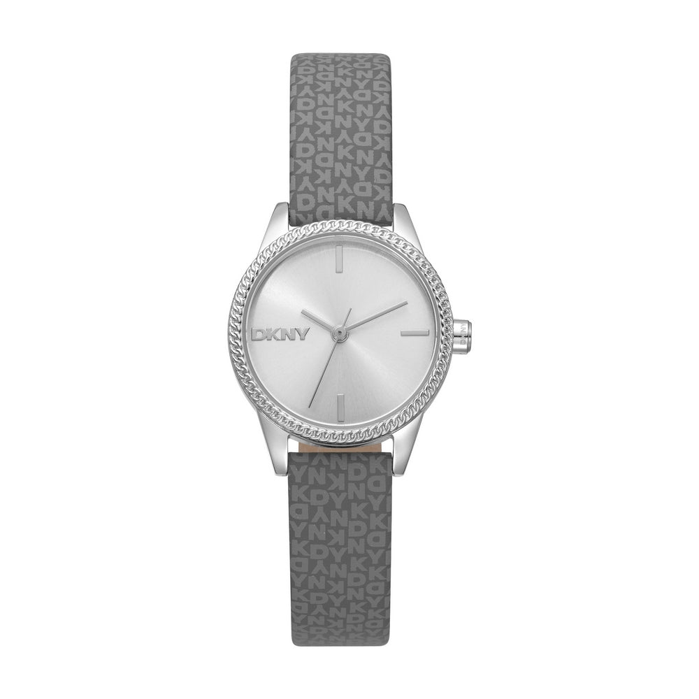 Montre DKNY femme, boîtier couleur argent, cadran argenté, bracelet en polyuréthane gris, 3 aiguilles, 5 ATM