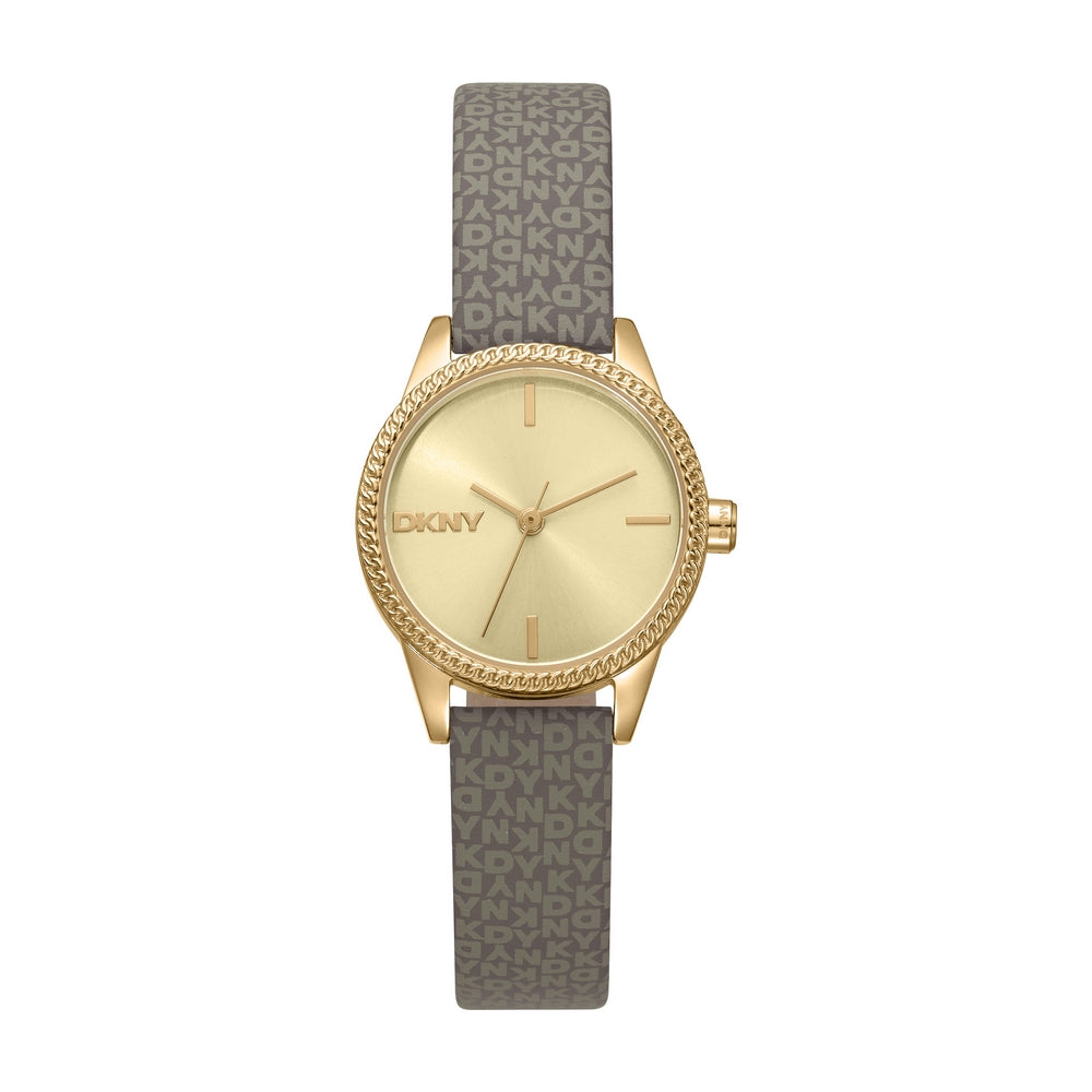 Montre femme DKNY, boîtier couleur or, cadran couleur champagne, bracelet en polyuréthane marron clair, 3 aiguilles, 5 ATM