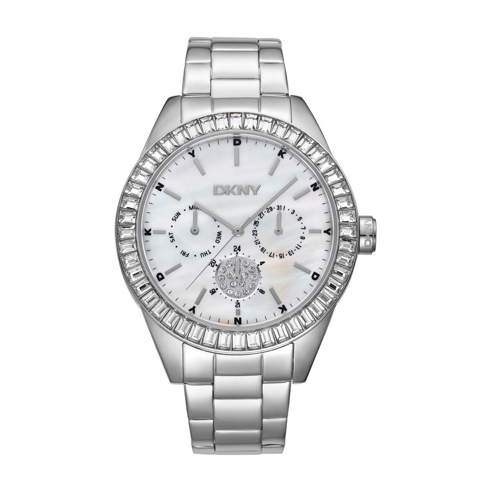 Montre Femme DKNY, Boîtier Couleur Argent, Cadran Nacre Blanc, Bracelet Métal Acier Inoxydable, Multifonction, 5 Atm