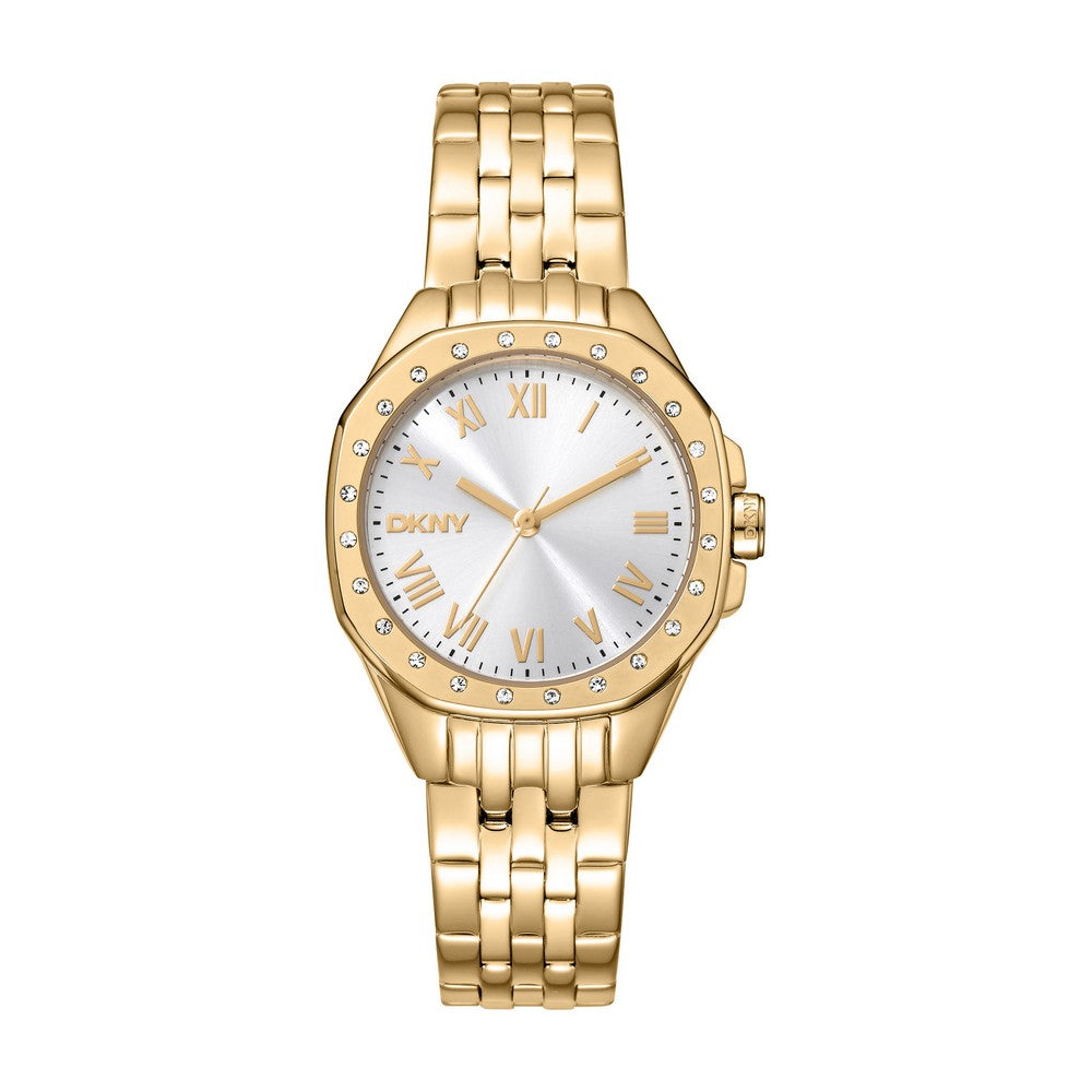 Montre Femme DKNY, Boîtier Couleur Or, Cadran Argent, Bracelet Métal Couleur Or, 3 Aiguilles, 5 ATM