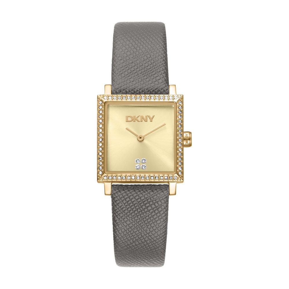 Montre femme DKNY, boîtier couleur or, cadran champagne, bracelet en cuir gris foncé, 2 aiguilles, 3 ATM