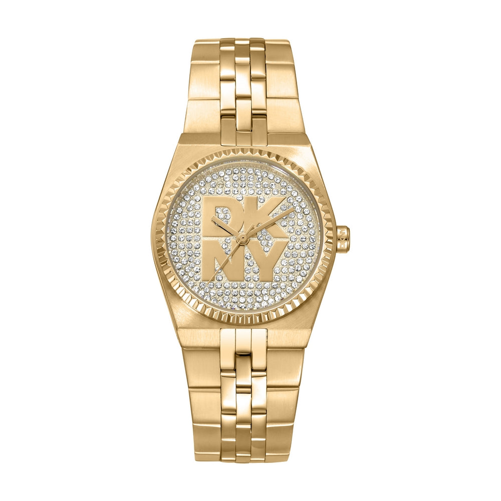 Montre femme DKNY, boîtier couleur or, cadran champagne, bracelet en métal couleur or, 3 aiguilles, 5 ATM