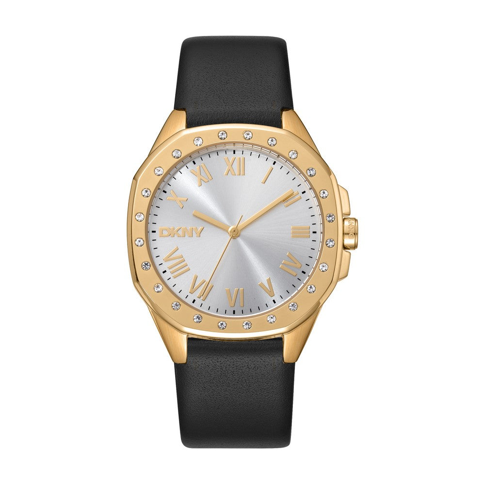 Montre femme DKNY, boîtier couleur or, cadran argent, bracelet en cuir noir, 3 aiguilles, 5 ATM