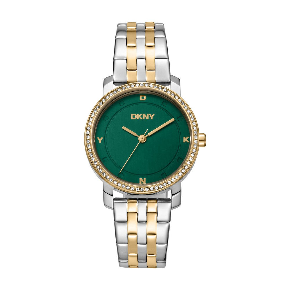 Montre femme DKNY, boîtier bicolore argent et or, cadran vert foncé, bracelet en métal bicolore argent et or, 3 aiguilles, 5 ATM