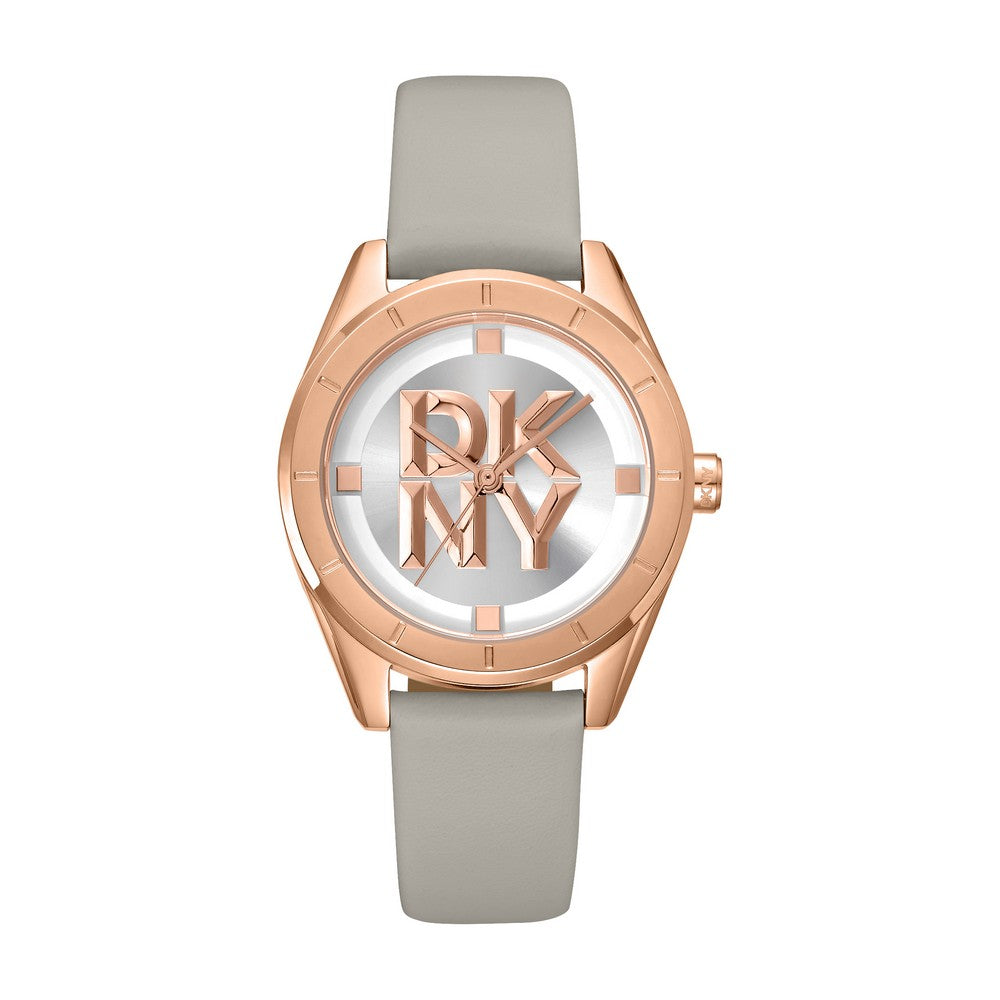 Montre femme DKNY, boîtier couleur or rose, cadran blanc argenté, bracelet en cuir gris, 3 aiguilles, étanche 5 ATM