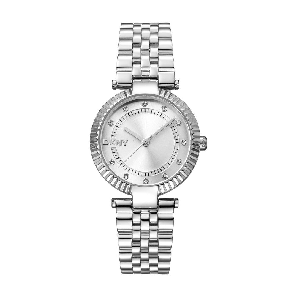 Montre femme DKNY, boîtier couleur argent, cadran argenté, bracelet en métal acier inoxydable, 3 aiguilles, 5 ATM