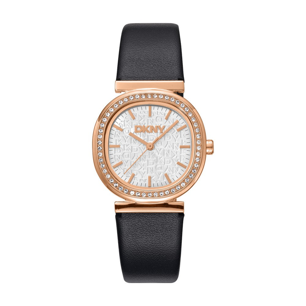 Montre Femme DKNY, Boîtier Couleur Or Rose, Cadran Argenté, Bracelet en Cuir Noir, 3 Aiguilles, 3 ATM