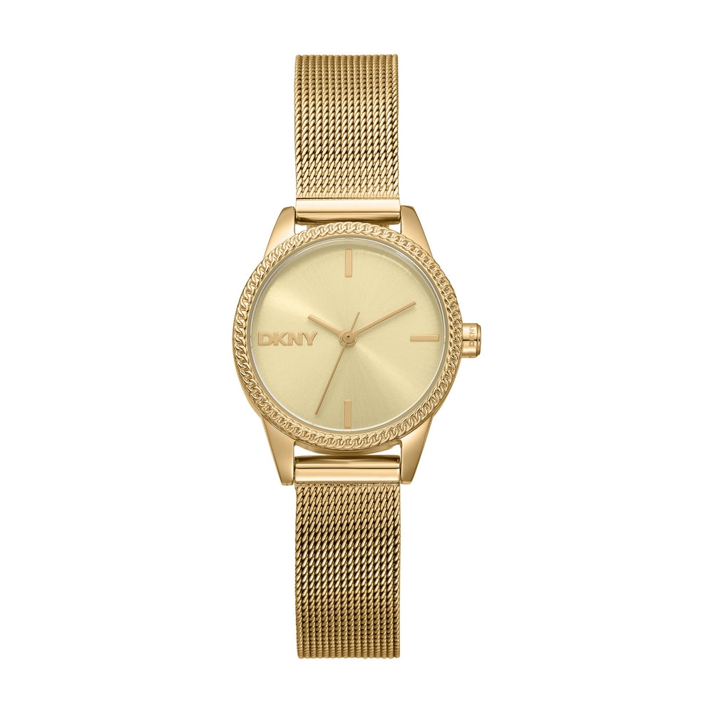 Montre femme DKNY, boîtier couleur or, cadran couleur champagne, bracelet maille couleur or, 3 aiguilles, 5 ATM