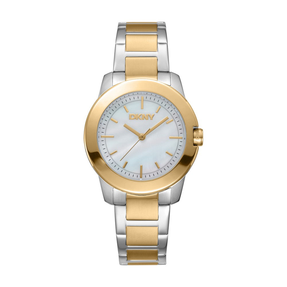 Montre Femme DKNY, Boîtier Bicolore Argent et Or, Cadran Nacre Blanc, Bracelet Métal Bicolore Argent et Or, 3 Aiguilles, 5 Atm