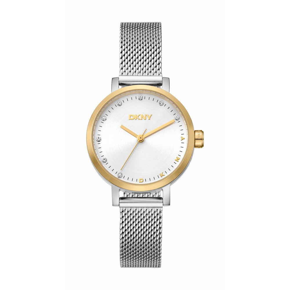 Montre femme DKNY, boîtier bicolore argent et or, cadran argenté, bracelet milanais argenté, 3 aiguilles, 5 ATM