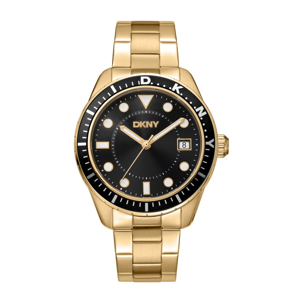 Montre Homme DKNY, Boîtier Couleur Or, Cadran Noir, Bracelet Métal Couleur Or, 3 Aiguilles Date, 10 Atm