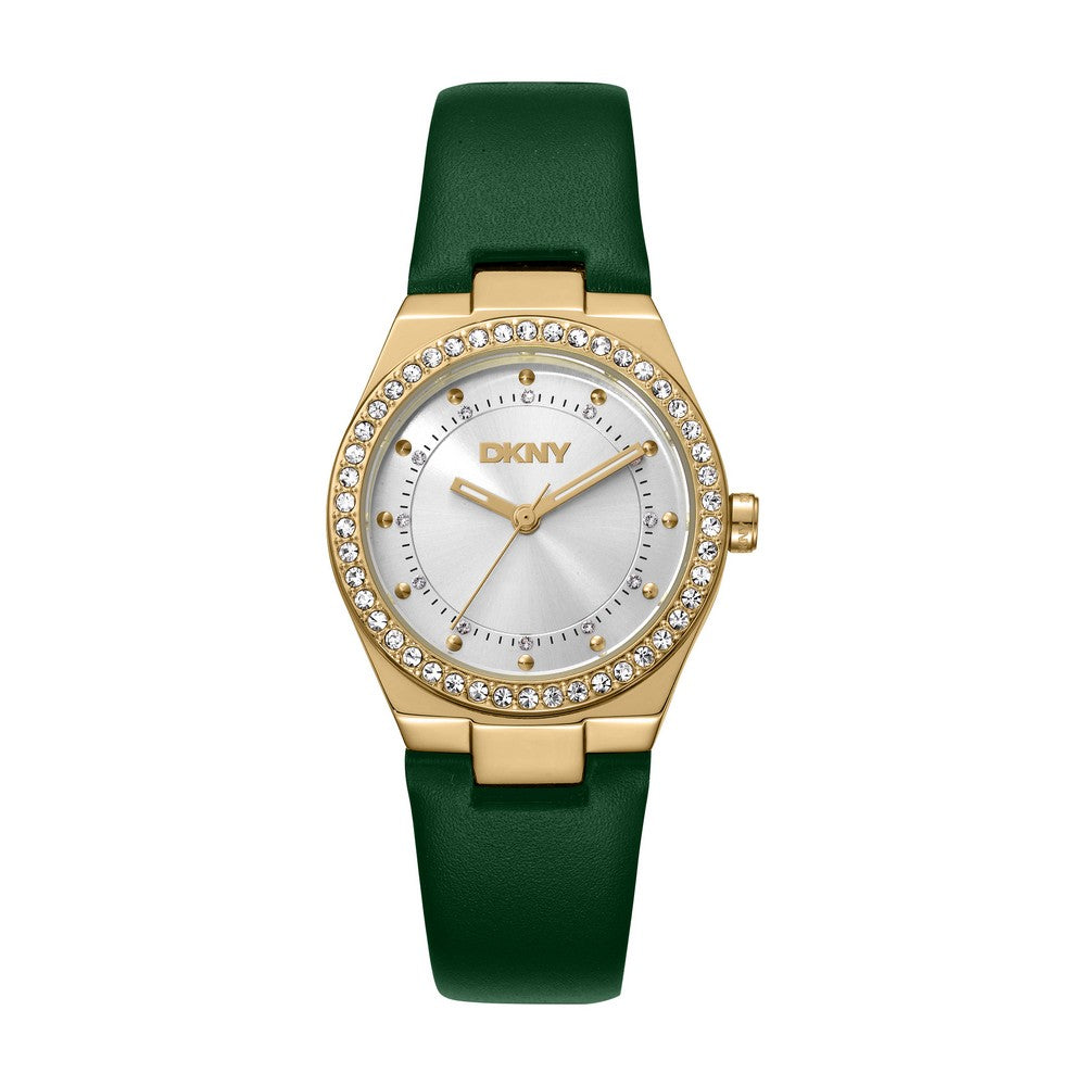 Montre femme DKNY, boîtier couleur or, cadran argenté, bracelet en cuir vert foncé, 3 aiguilles, 5 ATM