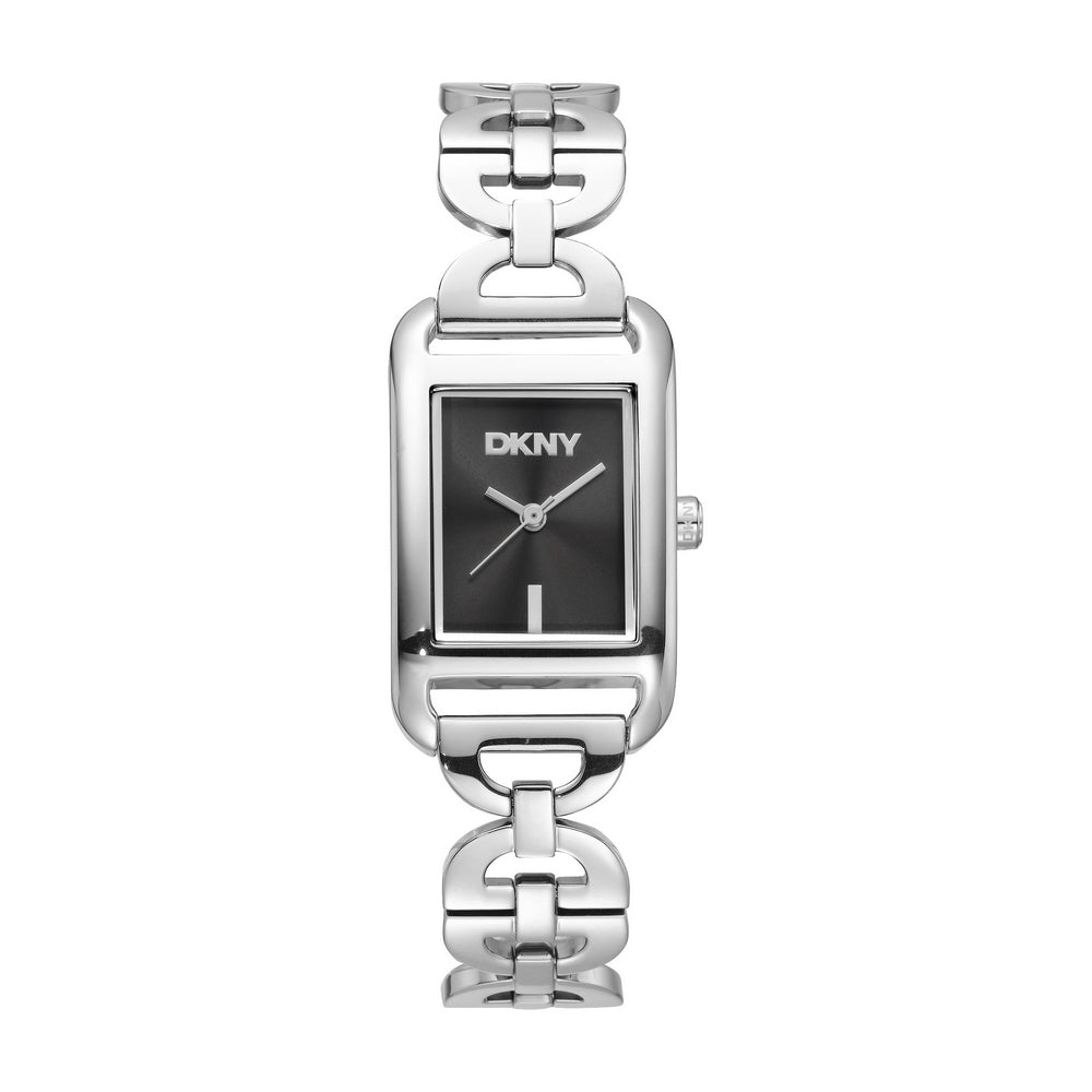Montre femme DKNY, boîtier couleur argent, cadran noir, bracelet en métal acier inoxydable, 3 aiguilles, 3 ATM