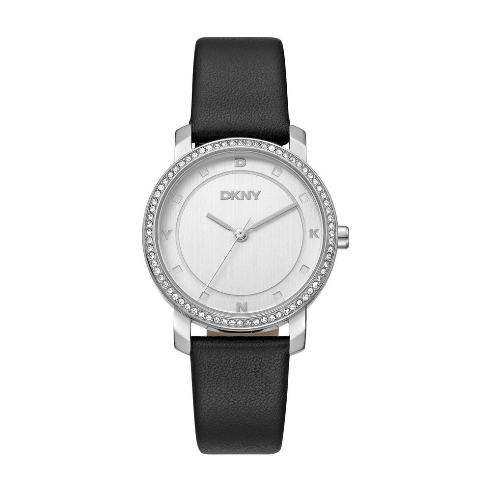 Montre Femme DKNY, Boîtier Couleur Argent, Cadran Argent, Bracelet Cuir Noir, 3 Aiguilles, 5 ATM
