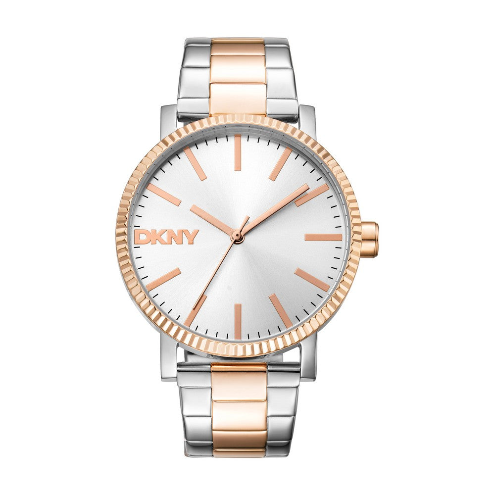 DKNY Women Watch, Two Tone Silver & Rose Gold Color Case, Silver Dial, Two Tone Silver & Rose Gold Color Metal Bracelet, 3 Hands, 5 Atm