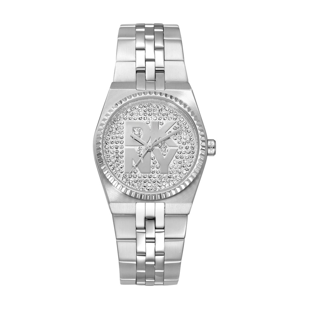 Montre femme DKNY, boîtier couleur argent, cadran argenté, bracelet en acier inoxydable, 3 aiguilles, 5 ATM