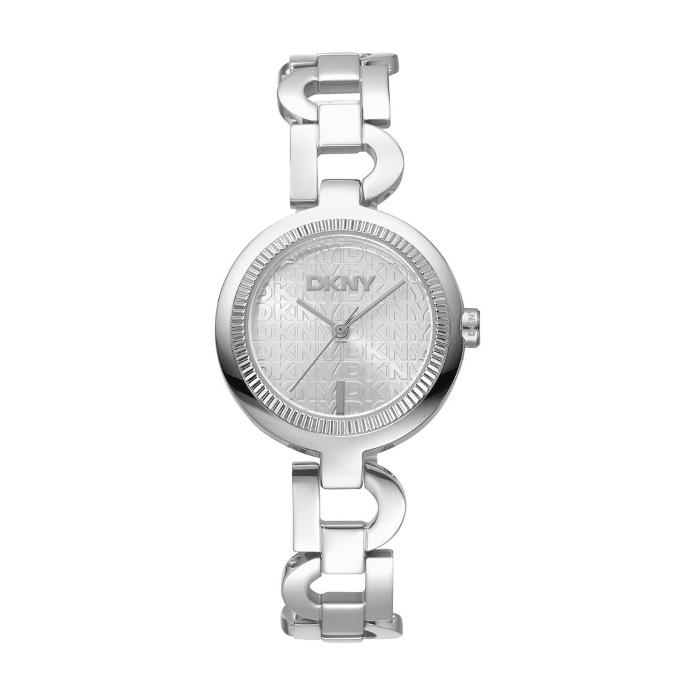 Montre femme DKNY, boîtier couleur argent, cadran argenté, bracelet en acier inoxydable, 3 aiguilles, 5 ATM