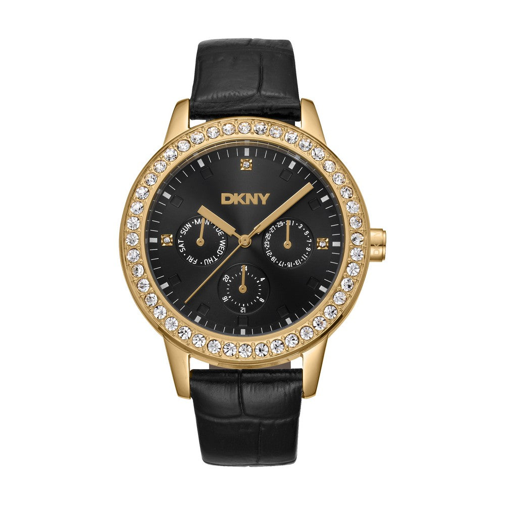 Montre femme DKNY, boîtier couleur or, cadran noir, bracelet en cuir noir, multifonction, 5 ATM