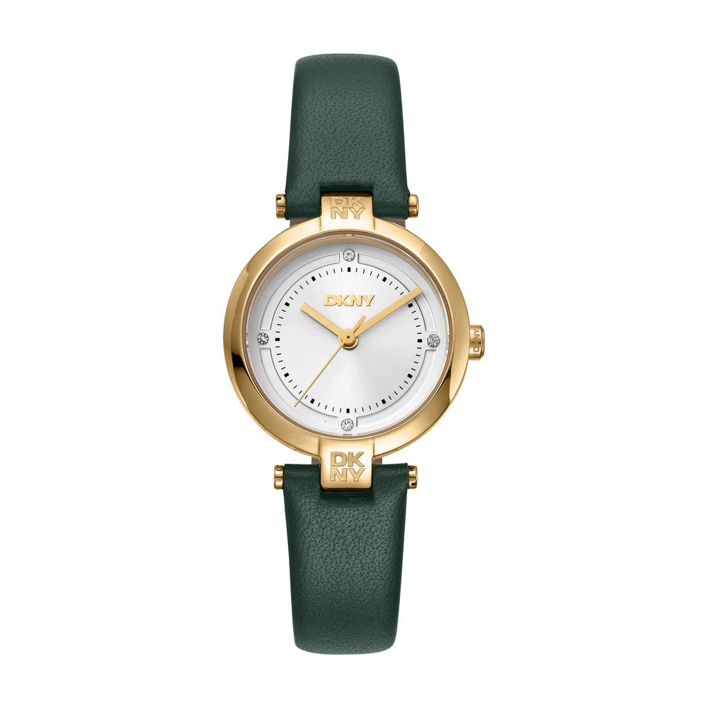 Montre DKNY femme, boîtier couleur or, cadran argenté, bracelet en cuir vert foncé, 3 aiguilles, 5 ATM