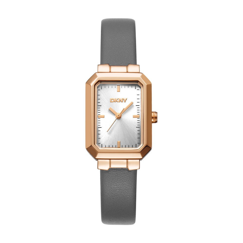 Montre femme DKNY, boîtier couleur or rose, cadran argenté, bracelet en cuir gris, 3 aiguilles, étanche 3 ATM