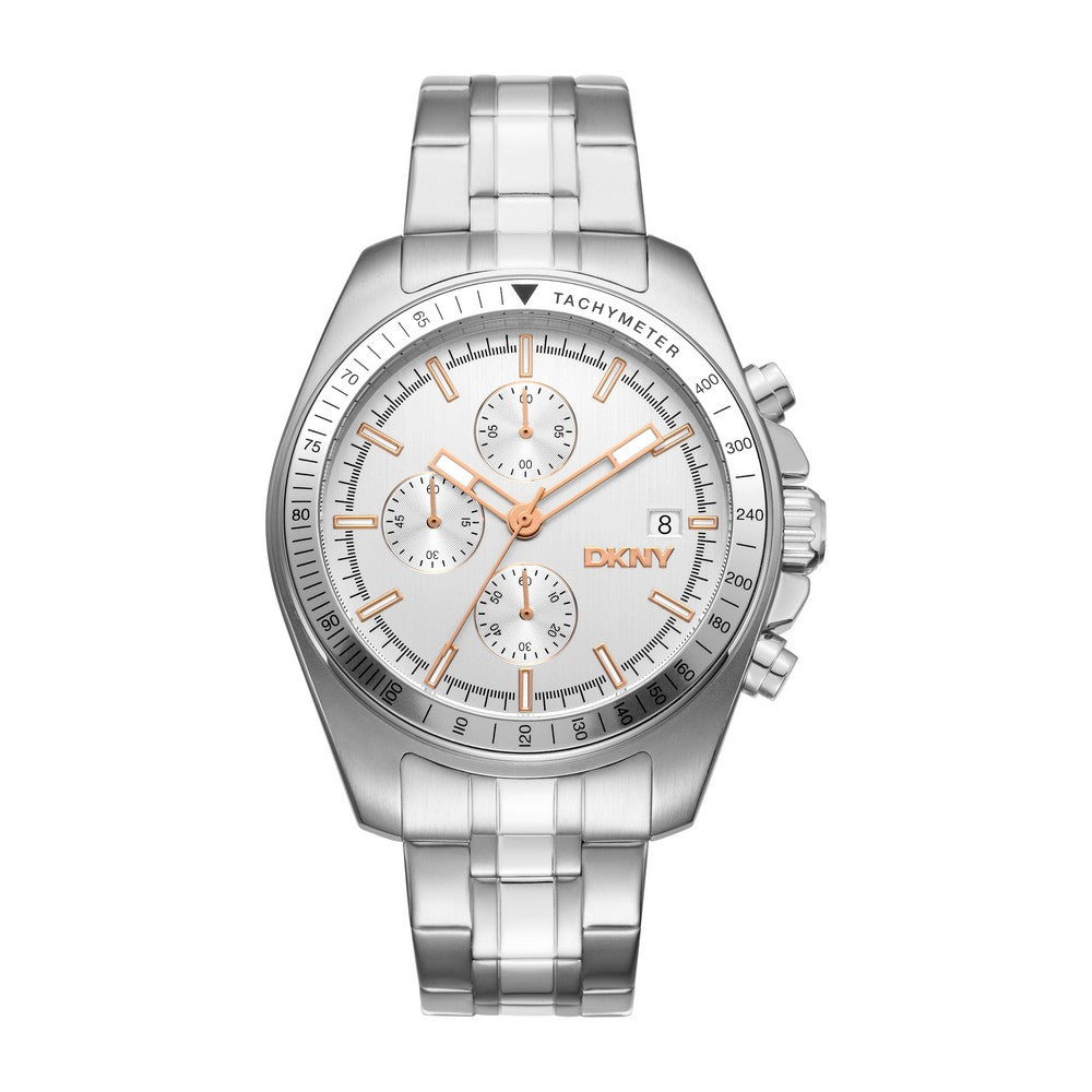 Montre Homme DKNY, Boîtier Argent, Cadran Argent, Bracelet en Acier Inoxydable, Chronographe, 10 ATM