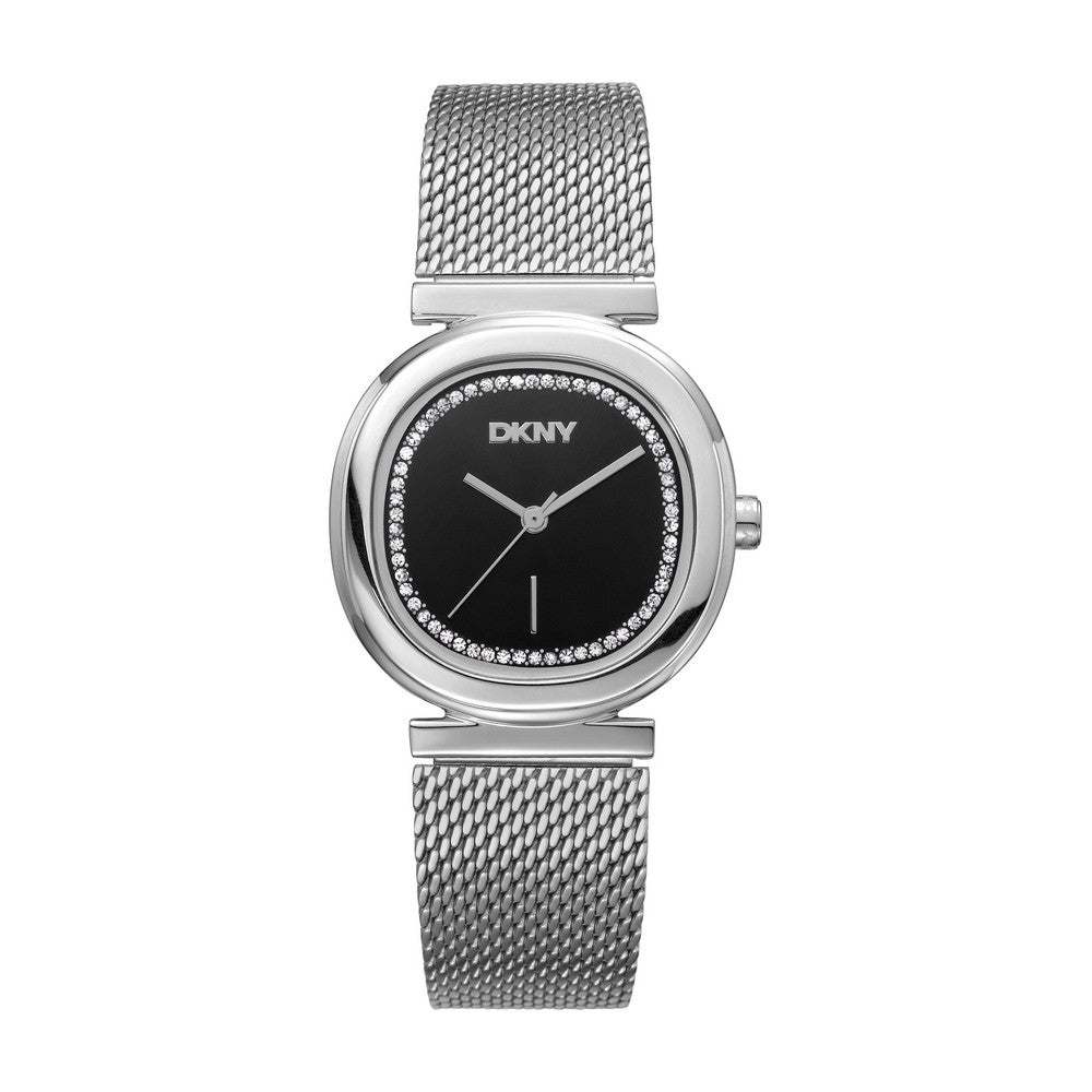 Montre femme DKNY, boîtier couleur argent, cadran noir, bracelet en maille d'acier inoxydable, 3 aiguilles, 3 ATM