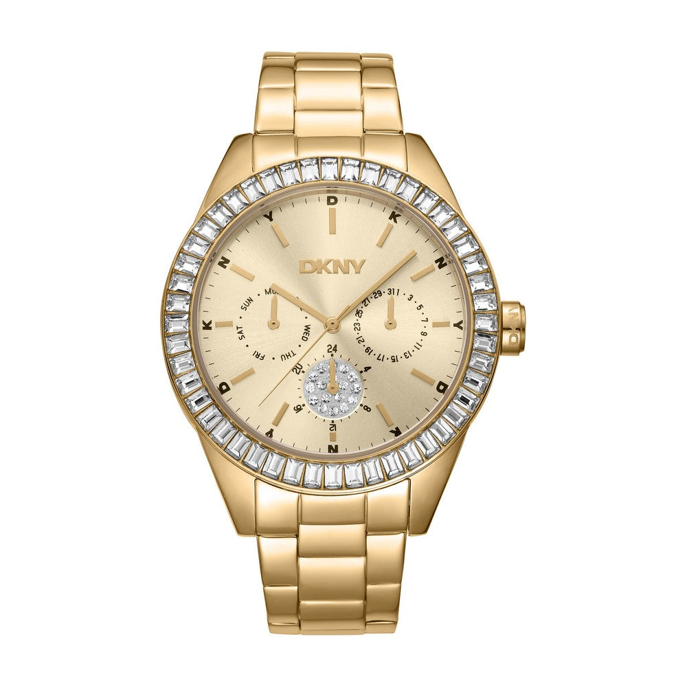 Montre Femme DKNY, Boîtier Couleur Or, Cadran Champagne, Bracelet Métal Couleur Or, Multi-Fonctions, 5 Atm