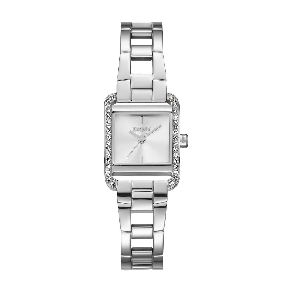 Montre femme DKNY, boîtier couleur argent, cadran argenté, bracelet en métal acier inoxydable, 3 aiguilles, étanche 3 ATM