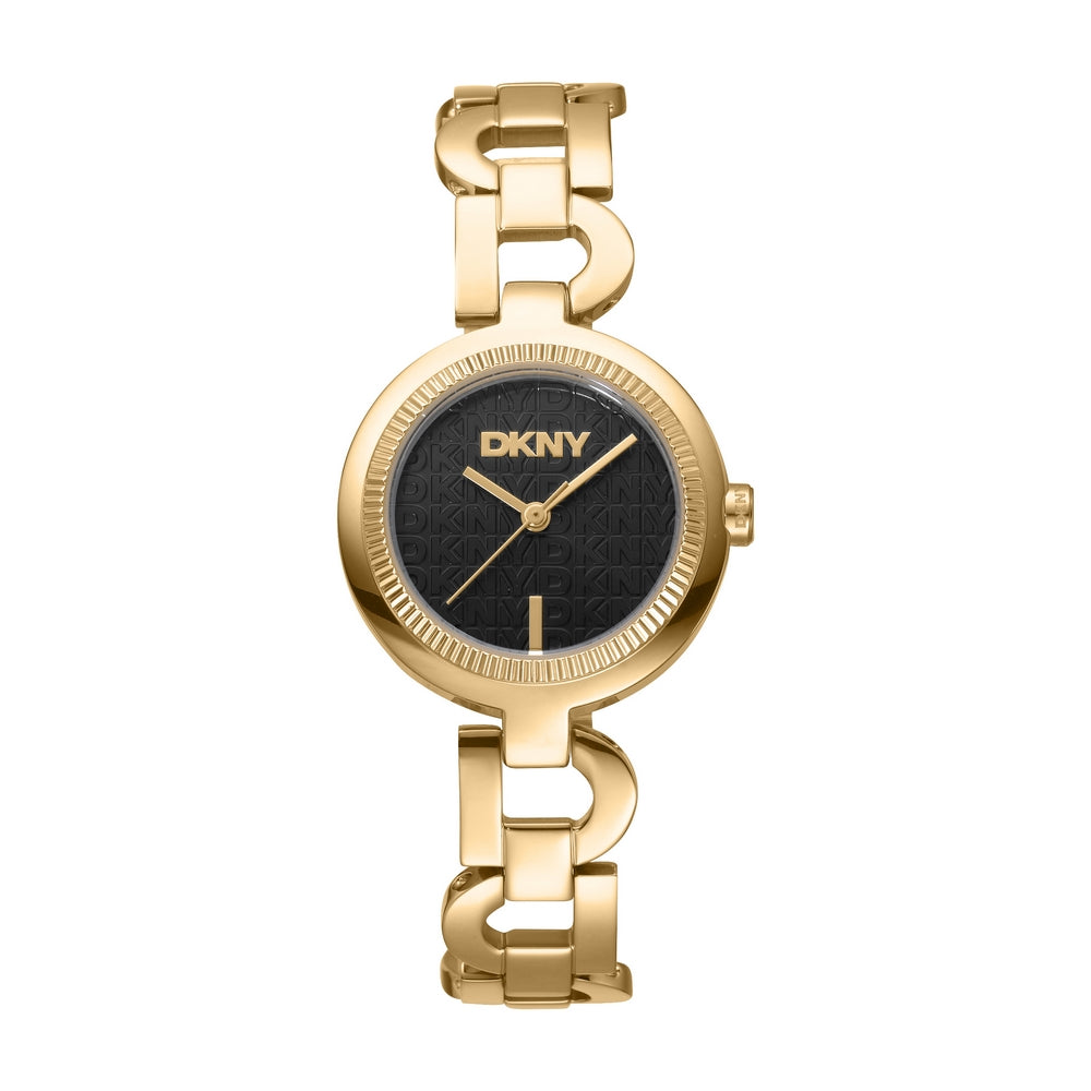 Montre femme DKNY, boîtier couleur or, cadran noir, bracelet en métal couleur or, 3 aiguilles, 5 ATM