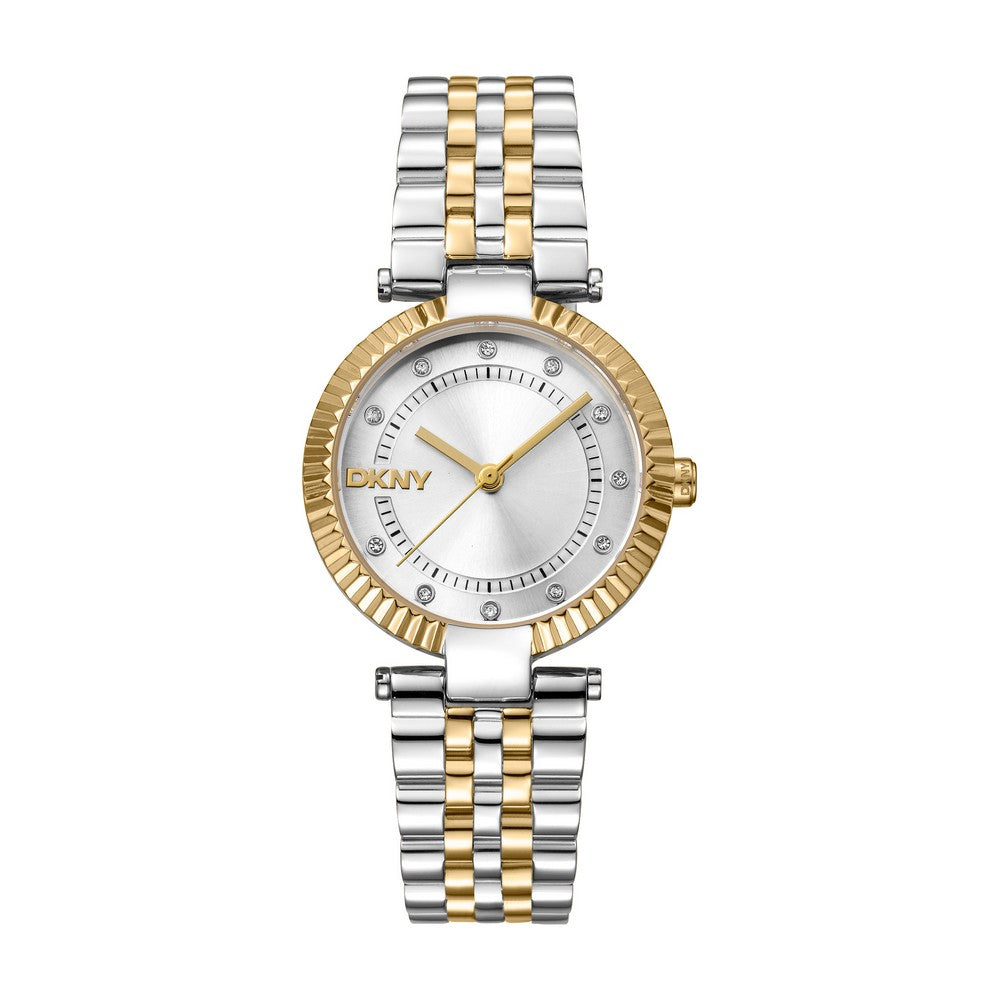 Montre Femme DKNY, Boîtier Bicolore Argent et Or, Cadran Argent, Bracelet Métal Bicolore Argent et Or, 3 Aiguilles, 5 ATM