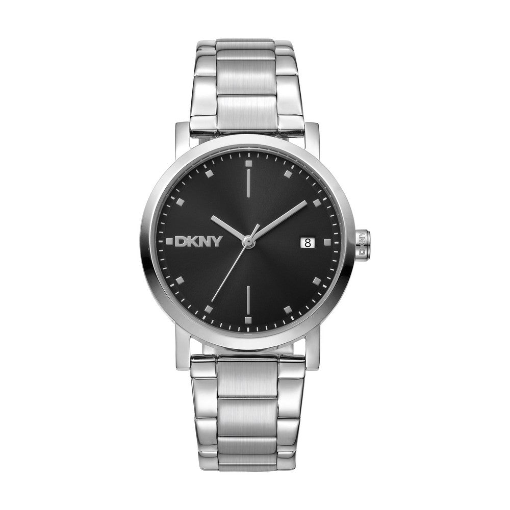 Montre femme DKNY, boîtier argenté, cadran noir, bracelet en métal acier inoxydable, 3 aiguilles, date, 5 ATM
