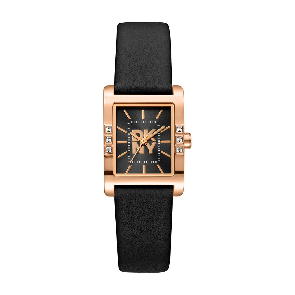 Montre femme DKNY, boîtier couleur or rose, cadran noir, bracelet en cuir noir, 3 aiguilles, 3 ATM