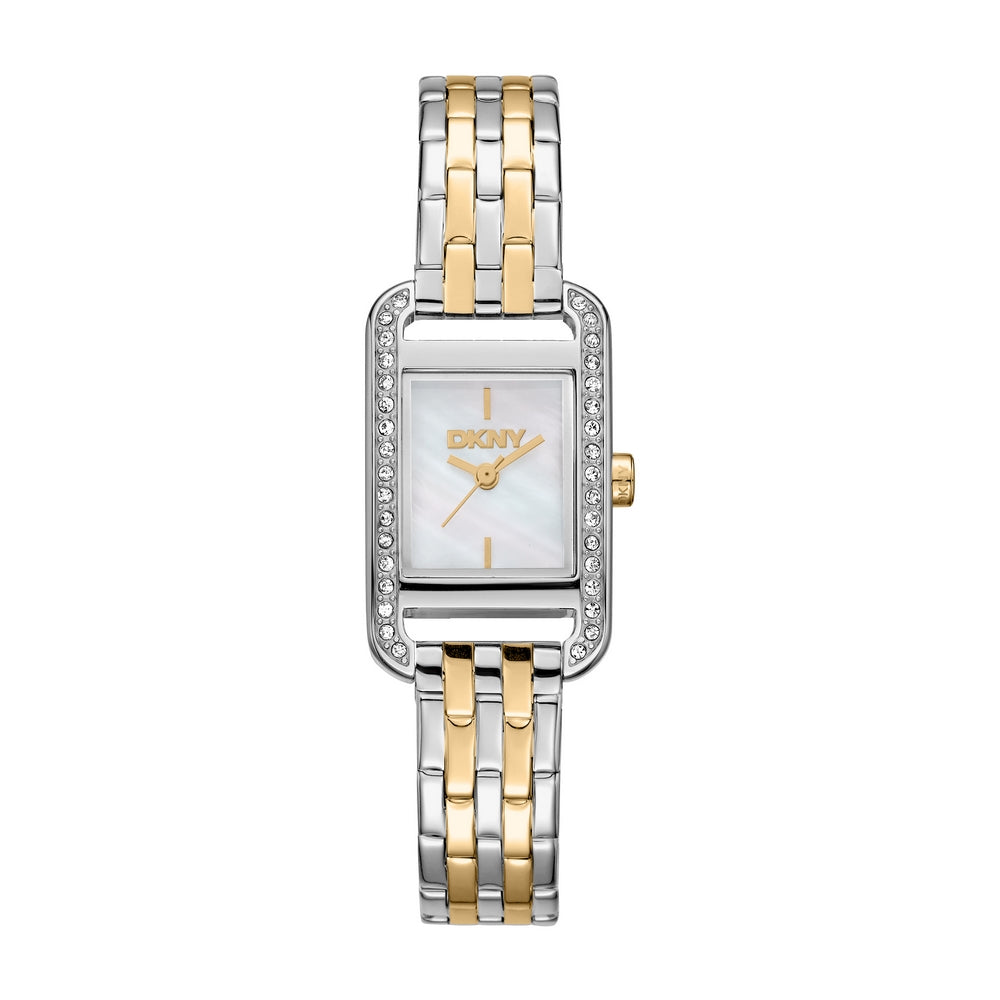 Montre DKNY femme, boîtier bicolore argent et or, cadran en nacre blanche, bracelet en métal bicolore argent et or, 3 aiguilles, étanche à 3 ATM