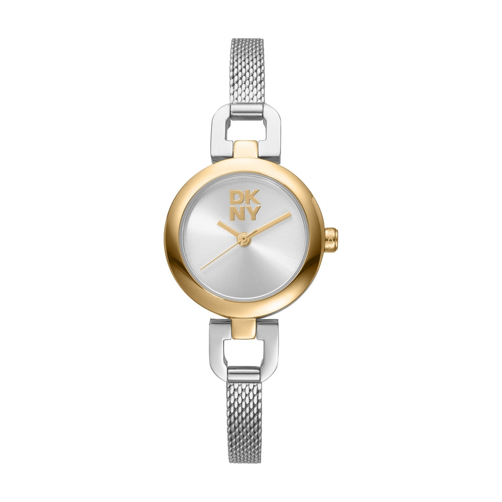 Montre femme DKNY, boîtier bicolore argent et or, cadran argenté, bracelet en maille d'acier inoxydable, 3 aiguilles, étanche 5 ATM