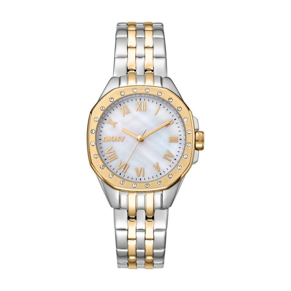 Montre DKNY femme, boîtier bicolore argent et or, cadran en nacre blanche, bracelet en métal bicolore argent et or, 3 aiguilles, 5 ATM