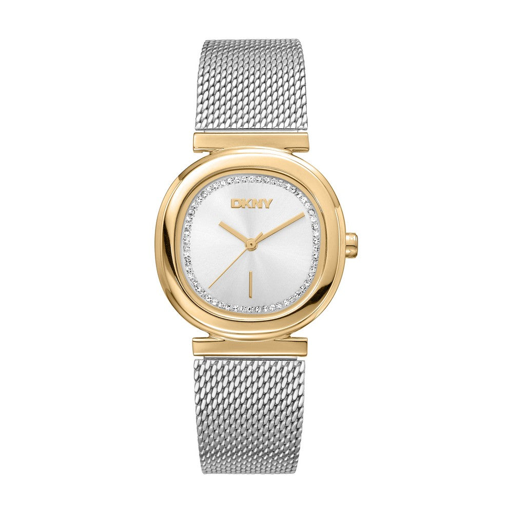Montre DKNY femme, boîtier couleur or, cadran argenté, bracelet en maille couleur argent, 3 aiguilles, 3 ATM