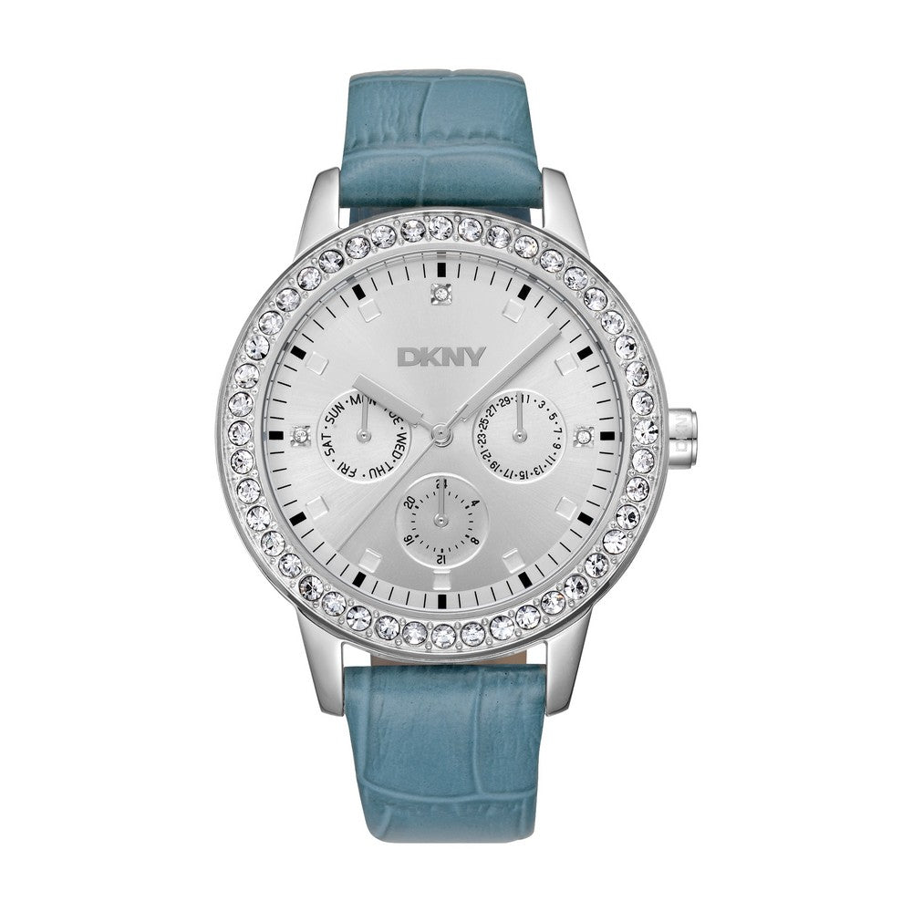Montre DKNY femme, boîtier couleur argent, cadran argenté, bracelet en cuir bleu clair, multifonction, 5 Atm