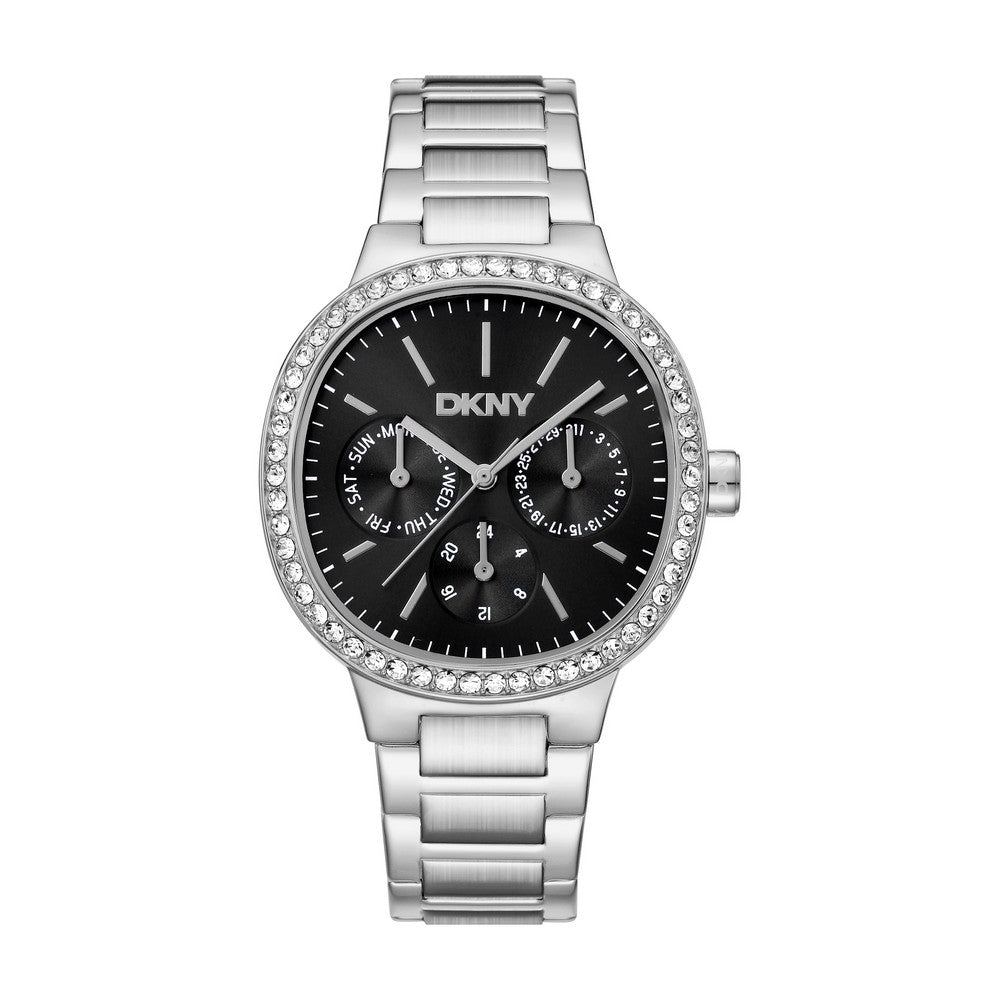 Montre DKNY femme, boîtier couleur argent, cadran noir, bracelet en métal couleur argent, multifonction, 3 ATM