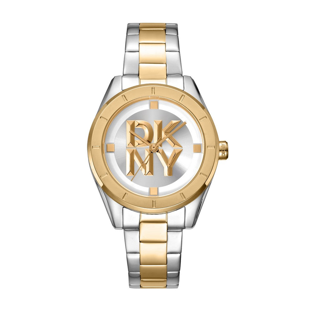 Montre femme DKNY, boîtier bicolore argent et or, cadran blanc argenté, bracelet en métal bicolore argent et or, 3 aiguilles, 5 ATM