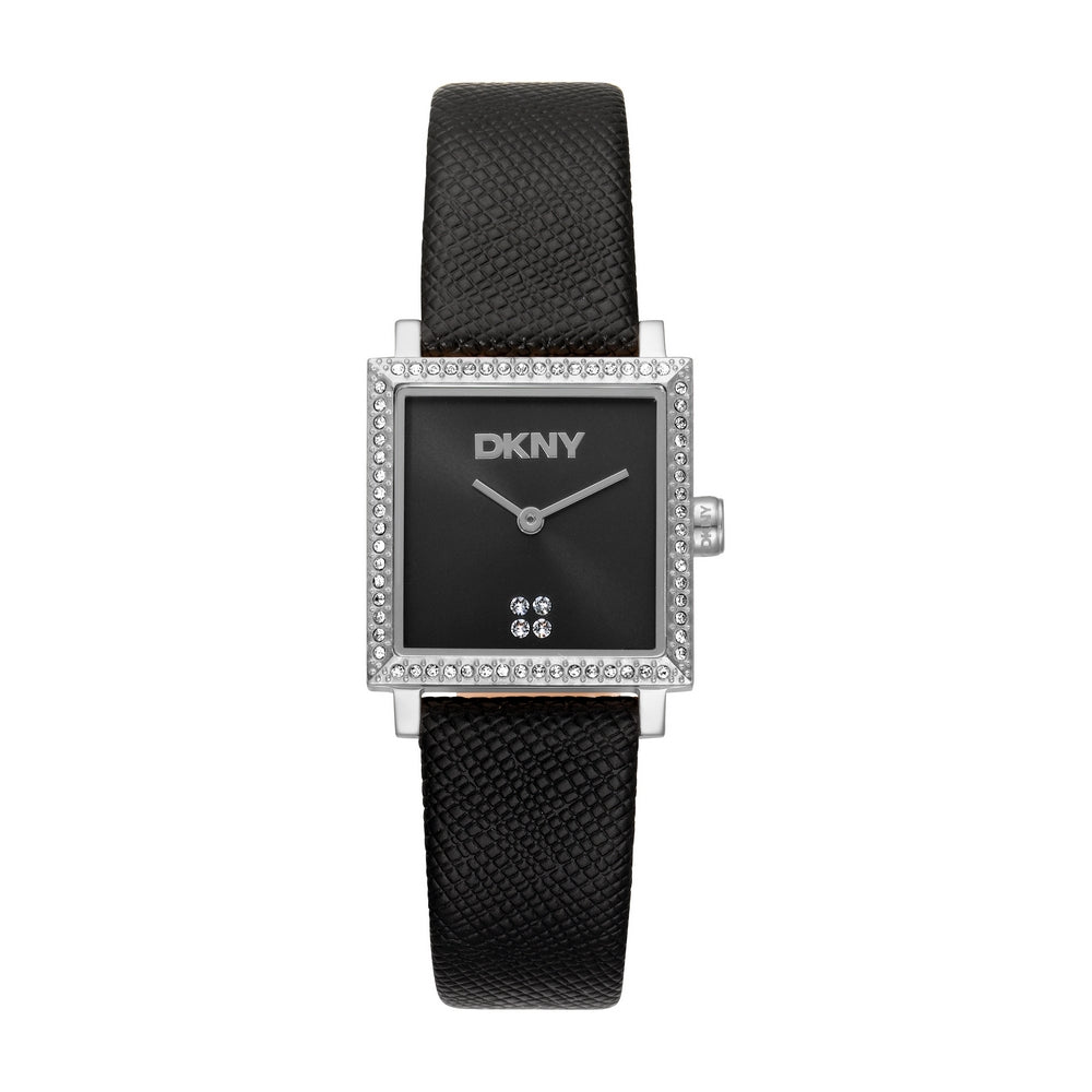 Montre femme DKNY, boîtier argent, cadran noir, bracelet cuir noir, 2 aiguilles, 3 ATM