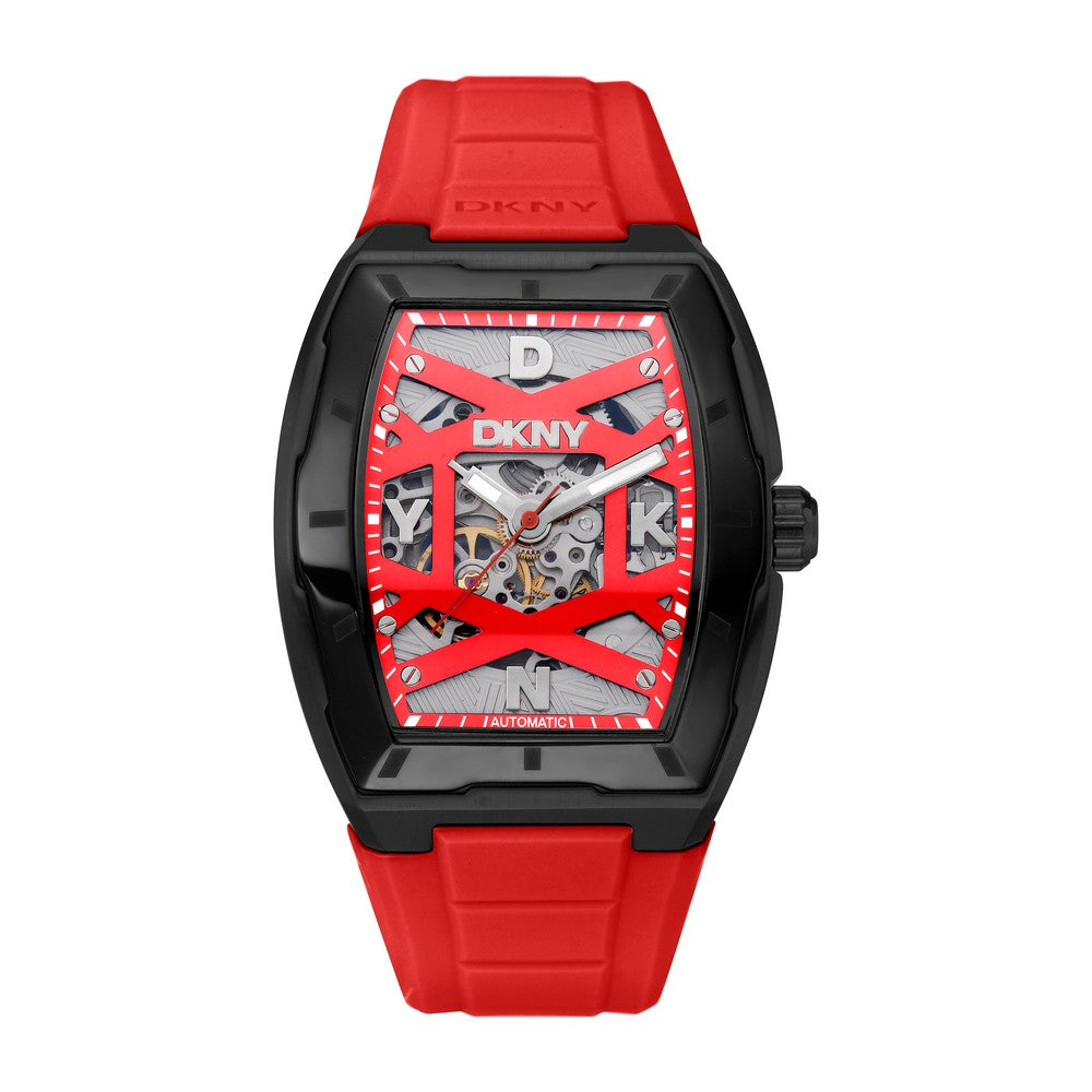 Montre Homme DKNY, Boîtier Noir, Cadran Rouge, Bracelet Silicone Rouge, Automatique, 5 Atm