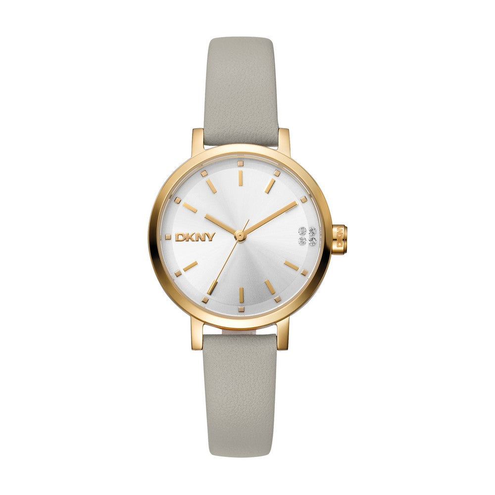 Montre DKNY femme, boîtier couleur or, cadran argent, bracelet en cuir gris, 3 aiguilles, 5 ATM